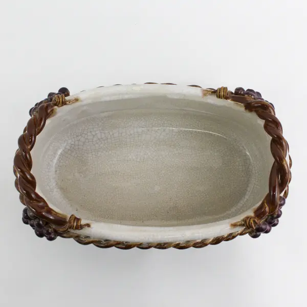 Vintage Open Oval Ceramic Serving Dish w/Basket Weave Rim Grapes Design, #C33