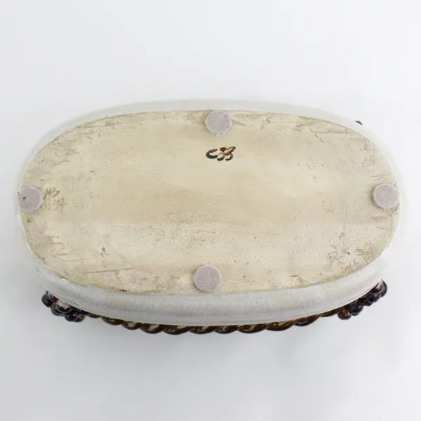 Vintage Open Oval Ceramic Serving Dish w/Basket Weave Rim Grapes Design, #C33