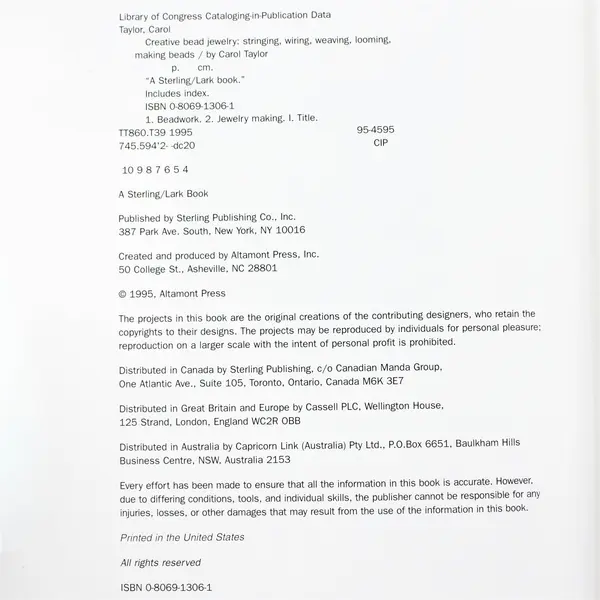 Vintage Creative Bead Jewelry By Carol Taylor 1995 Hardcover Dust Jacket Good