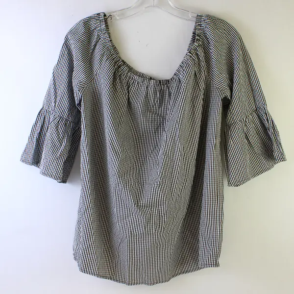 London Times Women's M Black & White Gingham Off the Shoulder Smock Blouse