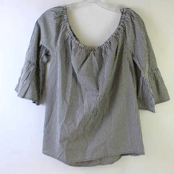 London Times Women's M Black & White Gingham Off the Shoulder Smock Blouse