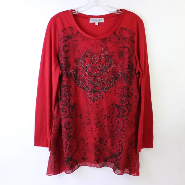 Closet Full Women's L Red Rhinestone Embellished Chiffon Overlay Long Sleeve Top
