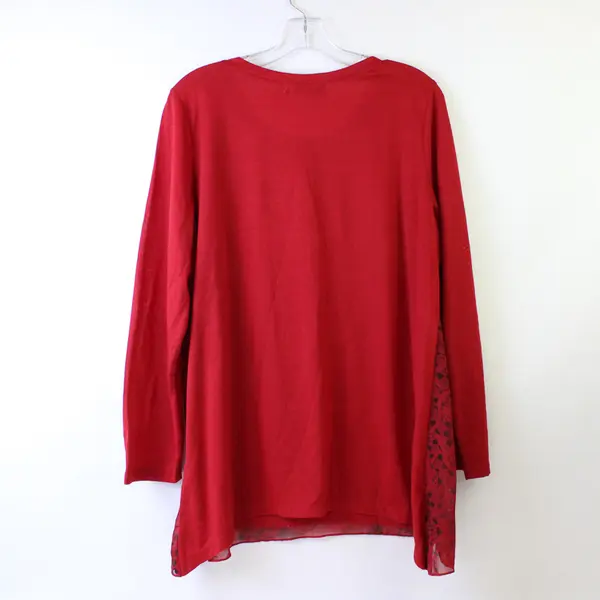 Closet Full Women's L Red Rhinestone Embellished Chiffon Overlay Long Sleeve Top