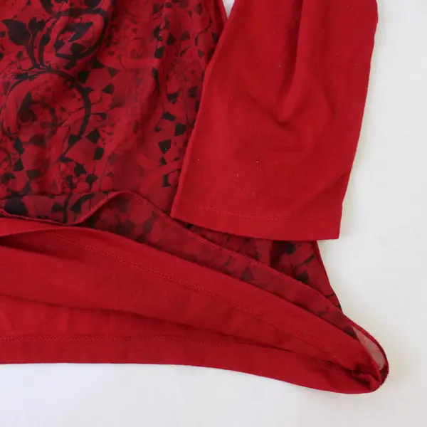 Closet Full Women's L Red Rhinestone Embellished Chiffon Overlay Long Sleeve Top