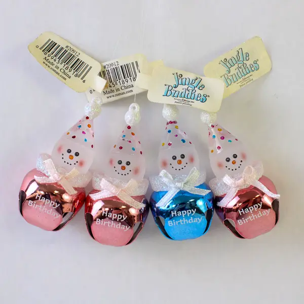 Lot of 4 New Vintage Jingle Bell Snowman Ornaments Happy Birthday Pink & Blue