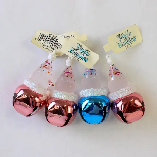Lot of 4 New Vintage Jingle Bell Snowman Ornaments Happy Birthday Pink & Blue