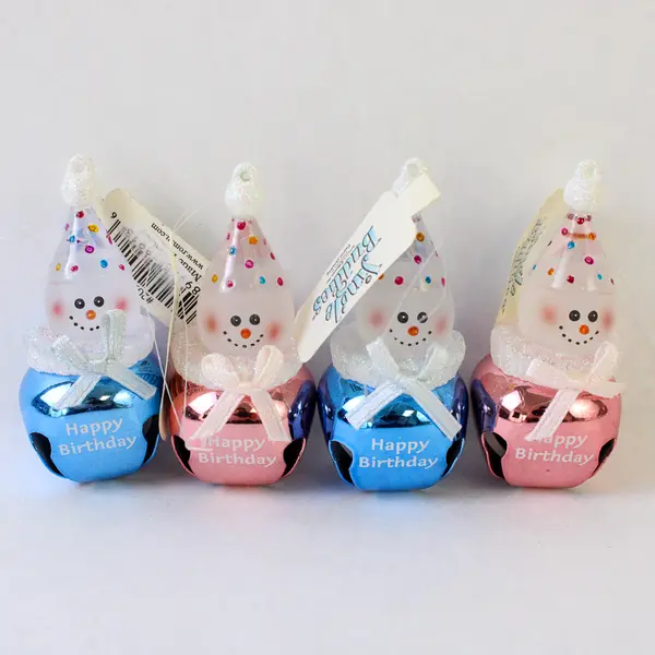 Lot of 4 New Vintage Jingle Bell Snowman Happy Birthday Ornaments Pink & Blue