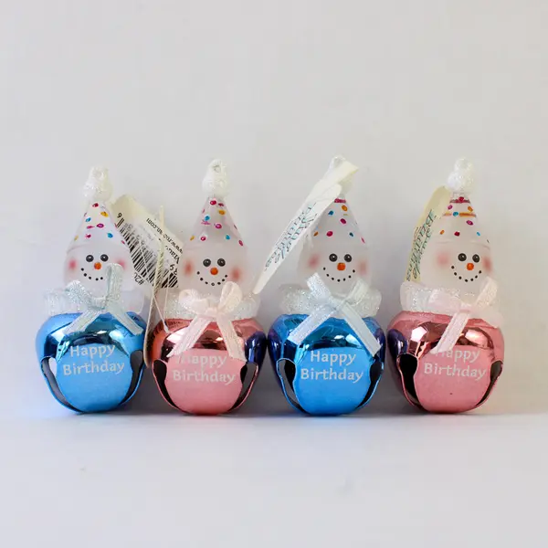 Lot of 4 New Vintage Jingle Bell Snowman Happy Birthday Ornaments Pink & Blue