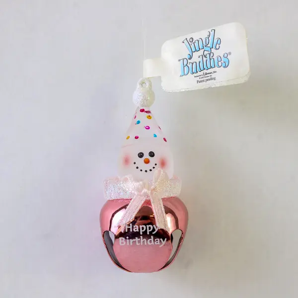 Lot of 4 New Vintage Jingle Bell Snowman Happy Birthday Ornaments Pink & Blue