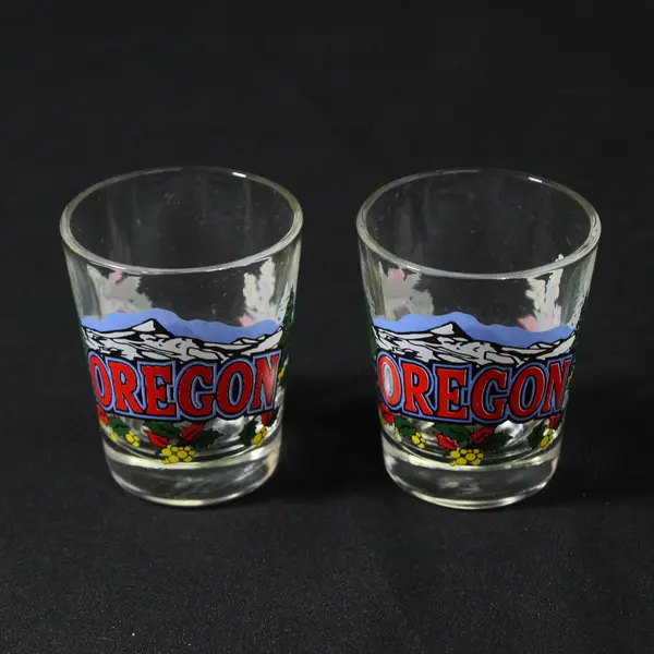 Lot Of 2 Smith-Western Co Matching Clear Glass "Oregon" Print Shot Glasses 2.25"