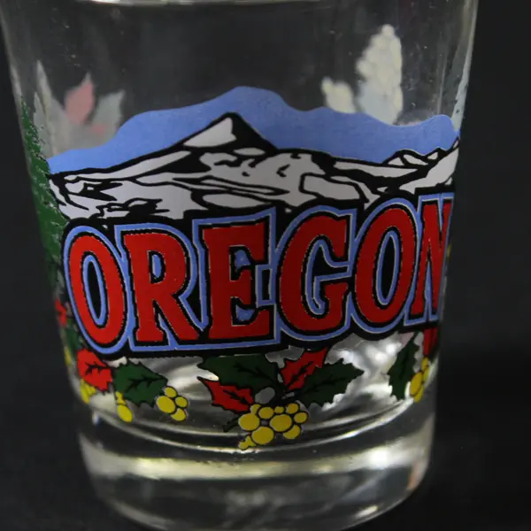 Lot Of 2 Smith-Western Co Matching Clear Glass "Oregon" Print Shot Glasses 2.25"