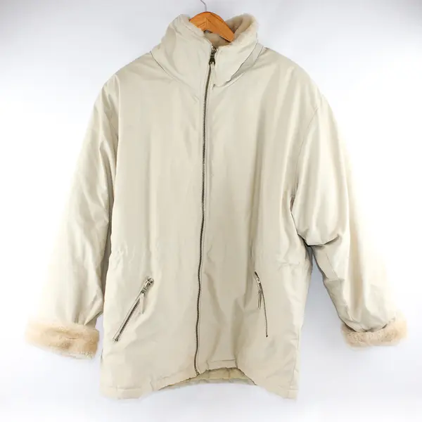 Vtg Middlebrook Park Women's M Tan Quilted Faux Fur Collar & Cuffs Coat