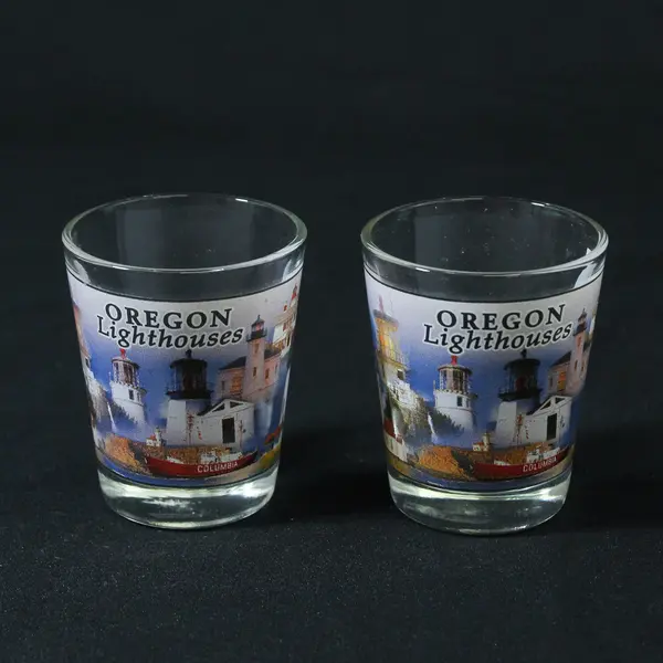  Lot Of 2 Unbranded Matching "Oregon Lighthouses" Print Shot Glasses 2.5" Tall