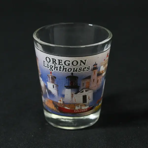  Lot Of 2 Unbranded Matching "Oregon Lighthouses" Print Shot Glasses 2.5" Tall