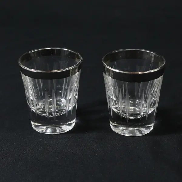  Lot Of 2 Unbranded Matching Clear Glass W/ Silver Trim Shot Glasses 2.5" Tall