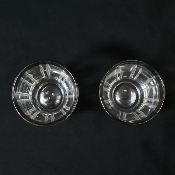  Lot Of 2 Unbranded Matching Clear Glass W/ Silver Trim Shot Glasses 2.5" Tall