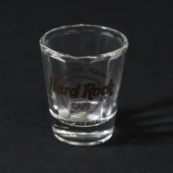 Hard Rock Cafe Clear Glass "Newport Beach" Print Shot Glass 2.5" Tall