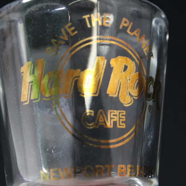 Hard Rock Cafe Clear Glass "Newport Beach" Print Shot Glass 2.5" Tall