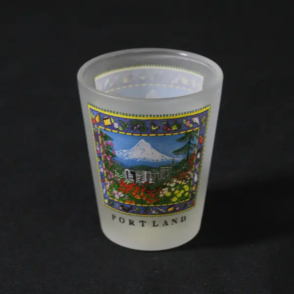 Unbranded Frosted Glass "Portland" Printed W/ Picture Shot Glass 2.5" Tall