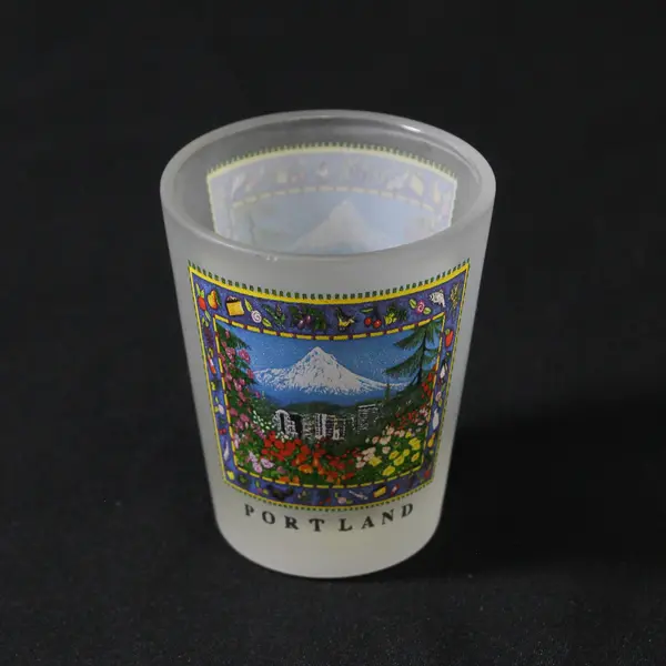 Unbranded Frosted Glass "Portland" Printed W/ Picture Shot Glass 2.5" Tall