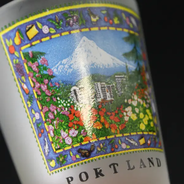 Unbranded Frosted Glass "Portland" Printed W/ Picture Shot Glass 2.5" Tall