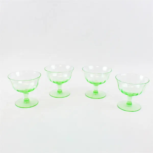 Set of 4 Vintage Paneled Uranium Sherbet Glasses Etched Floral Pattern