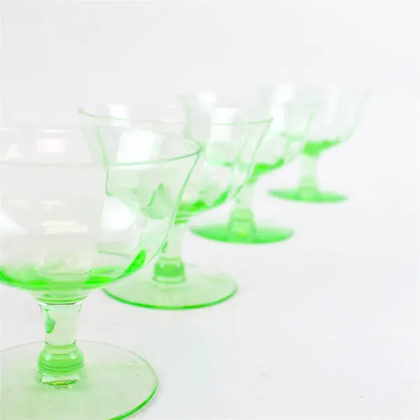 Set of 4 Vintage Paneled Uranium Sherbet Glasses Etched Floral Pattern