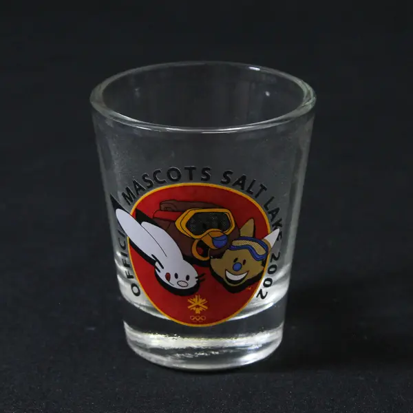 Hunter Clear Glass "Offici Mascots Salt Lake 2002" Printed Shot Glass 2.5"
