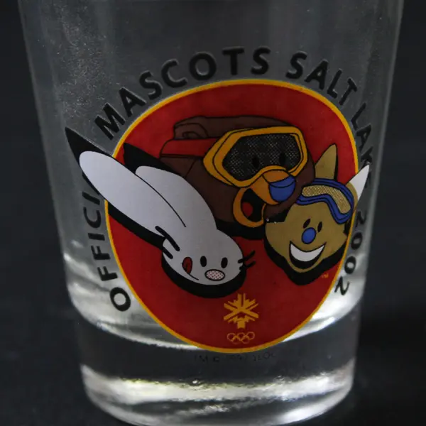 Hunter Clear Glass "Offici Mascots Salt Lake 2002" Printed Shot Glass 2.5"