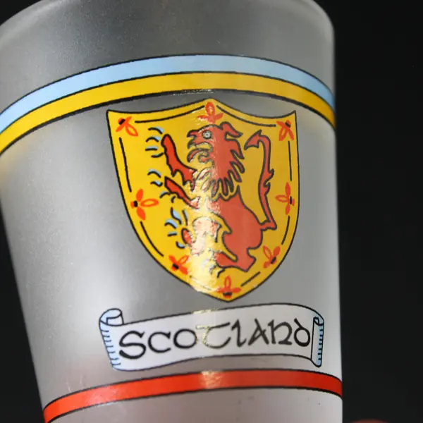 Unbranded Frosted Glass "Scotland" Printed W/ Crest Shot Glass 2.5" Tall