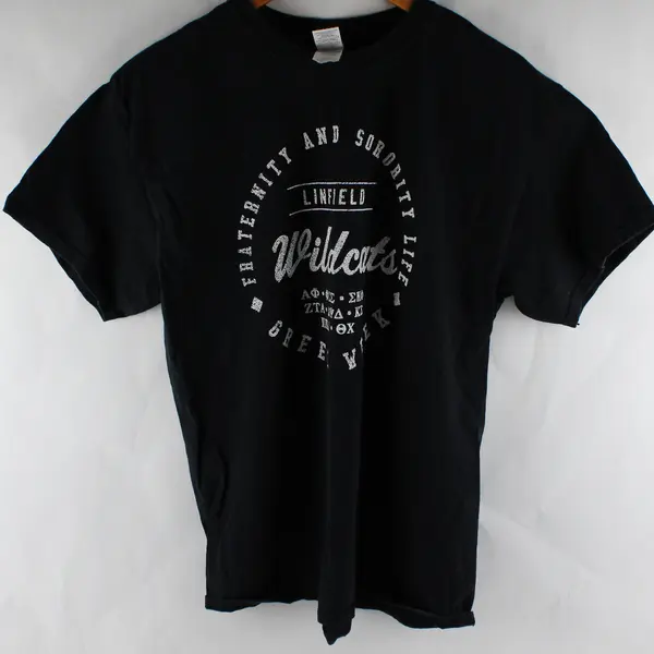 Gildan Adult L Black/White Linfield College "Frat/Sorority Life" Graphic T-Shirt