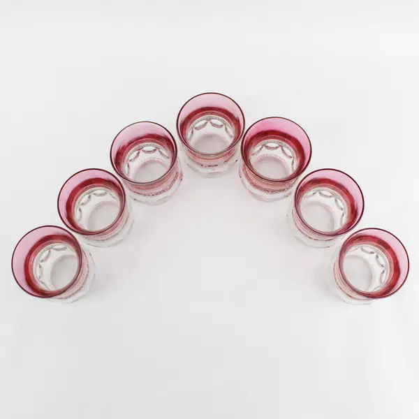 7 Vtg Tiffin-Franciscan Kings Crown 4" Tumblers Cranberry Flashed Top And Bottom