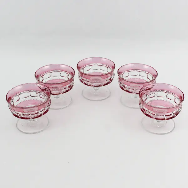 5 Tiffin-Franciscan Kings Crown-Cranberry Flashed Champagne Glasses