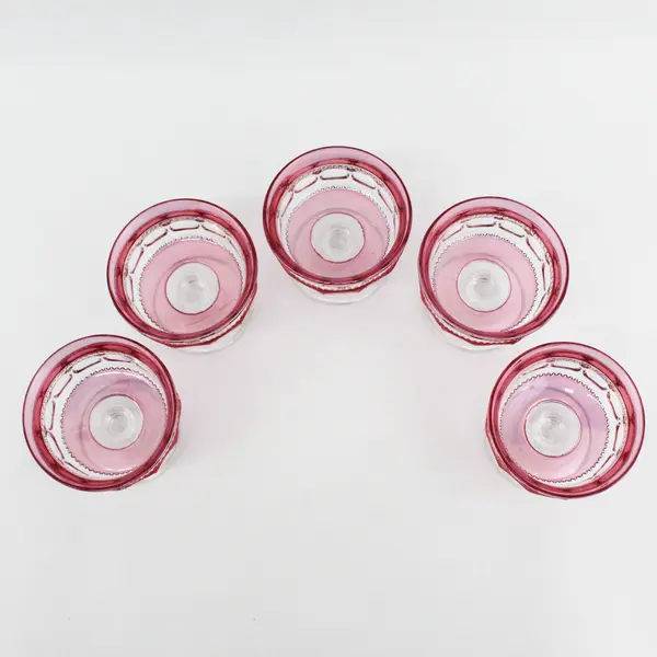 5 Tiffin-Franciscan Kings Crown-Cranberry Flashed Champagne Glasses