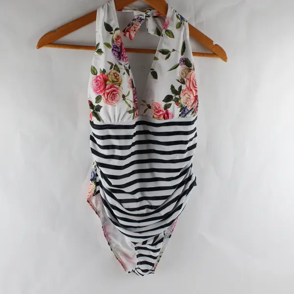 NWT Shein Women's XL White and Black Stripes w/Floral Bust One Piece Swimsuit