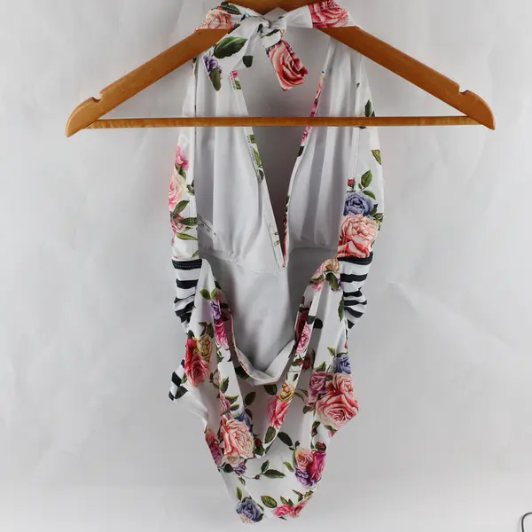 NWT Shein Women's XL White and Black Stripes w/Floral Bust One Piece Swimsuit