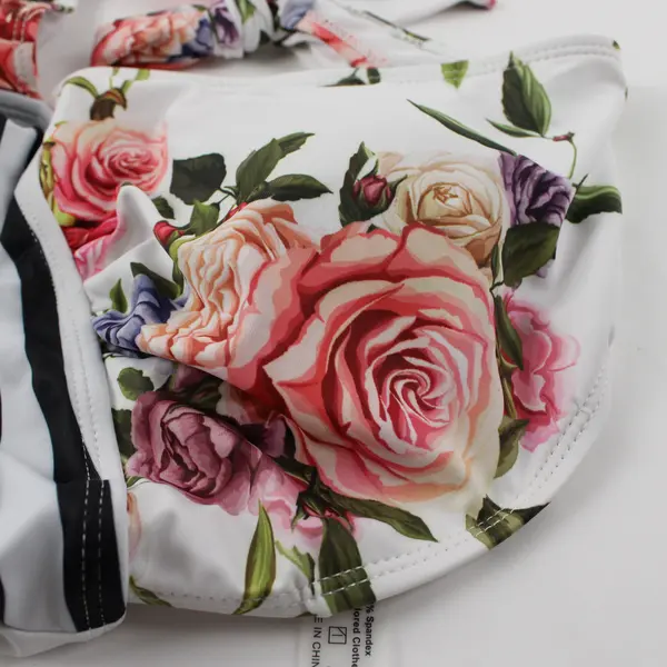 NWT Shein Women's XL White and Black Stripes w/Floral Bust One Piece Swimsuit