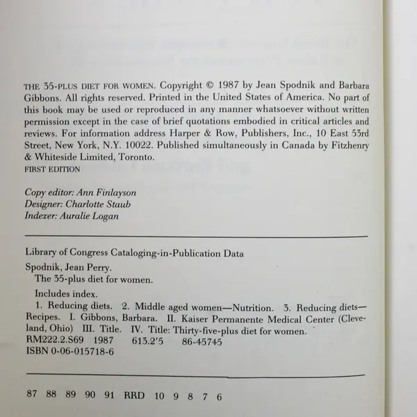 The 35-Plus Diet for Women Jean Perry Spodnik Barbara Gibbons 1987 1st Ed HC DJ