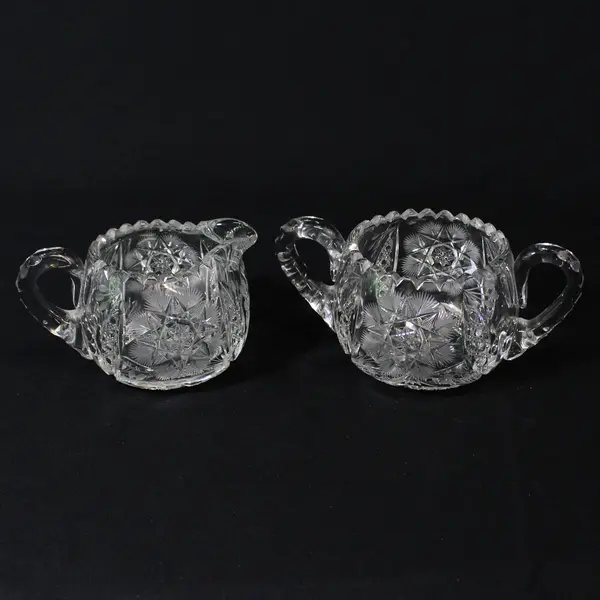 Vintage American Brilliant Period ABP Glass Creamer And Sugar Bowl Crystal Cut