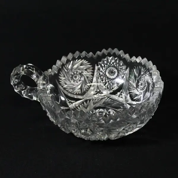 Vintage Pinwheel Cut Glass Nappy With Single Handle Sawtooth Rim