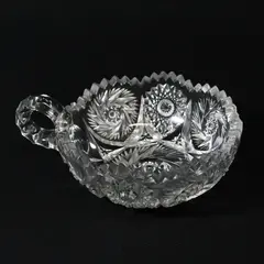 Vintage Pinwheel Cut Glass Nappy With Single Handle Sawtooth Rim