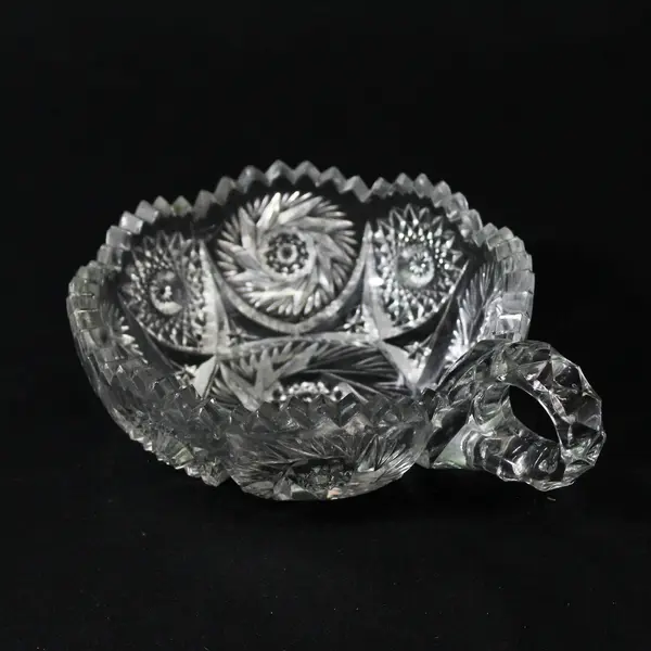 Vintage Pinwheel Cut Glass Nappy With Single Handle Sawtooth Rim