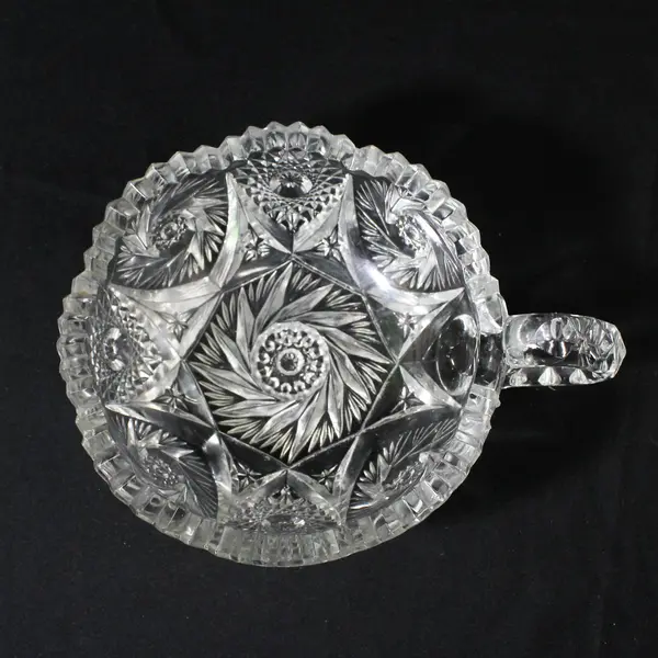 Vintage Pinwheel Cut Glass Nappy With Single Handle Sawtooth Rim