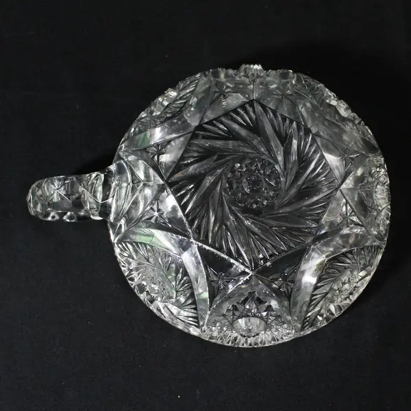 Vintage Pinwheel Cut Glass Nappy With Single Handle Sawtooth Rim