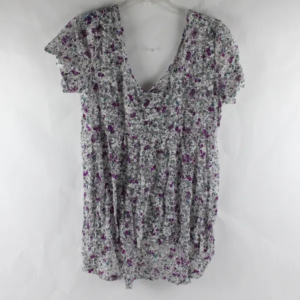 Torrid Women's 0 (12/L) Gray/Purple Floral Lace Short Sleeve Stretch Blouse