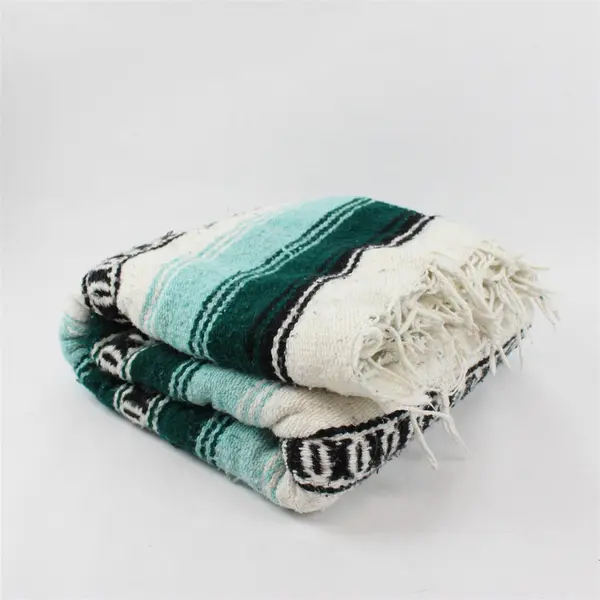 Unbranded White/Blue/Green/Teal Falsa Mexican Throw Blanket 51.5" x 77"