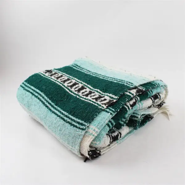 Unbranded White/Blue/Green/Teal Falsa Mexican Throw Blanket 51.5" x 77"