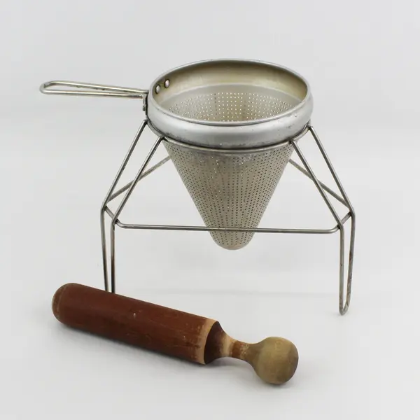 Vintage Cone Shaped Aluminum Colander Sieve With Stand Wood Pestle