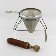 Vintage Cone Shaped Aluminum Colander Sieve With Stand Wood Pestle