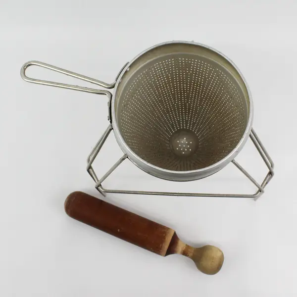 Vintage Cone Shaped Aluminum Colander Sieve With Stand Wood Pestle